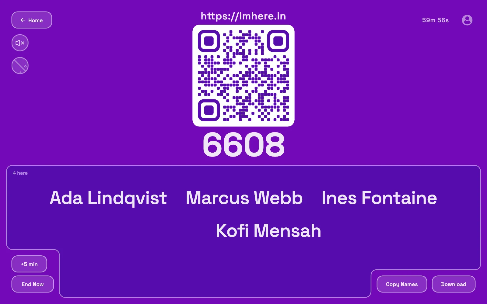 Im Here! attendance room with a four-digit PIN, QR code, countdown timer, and student names on screen